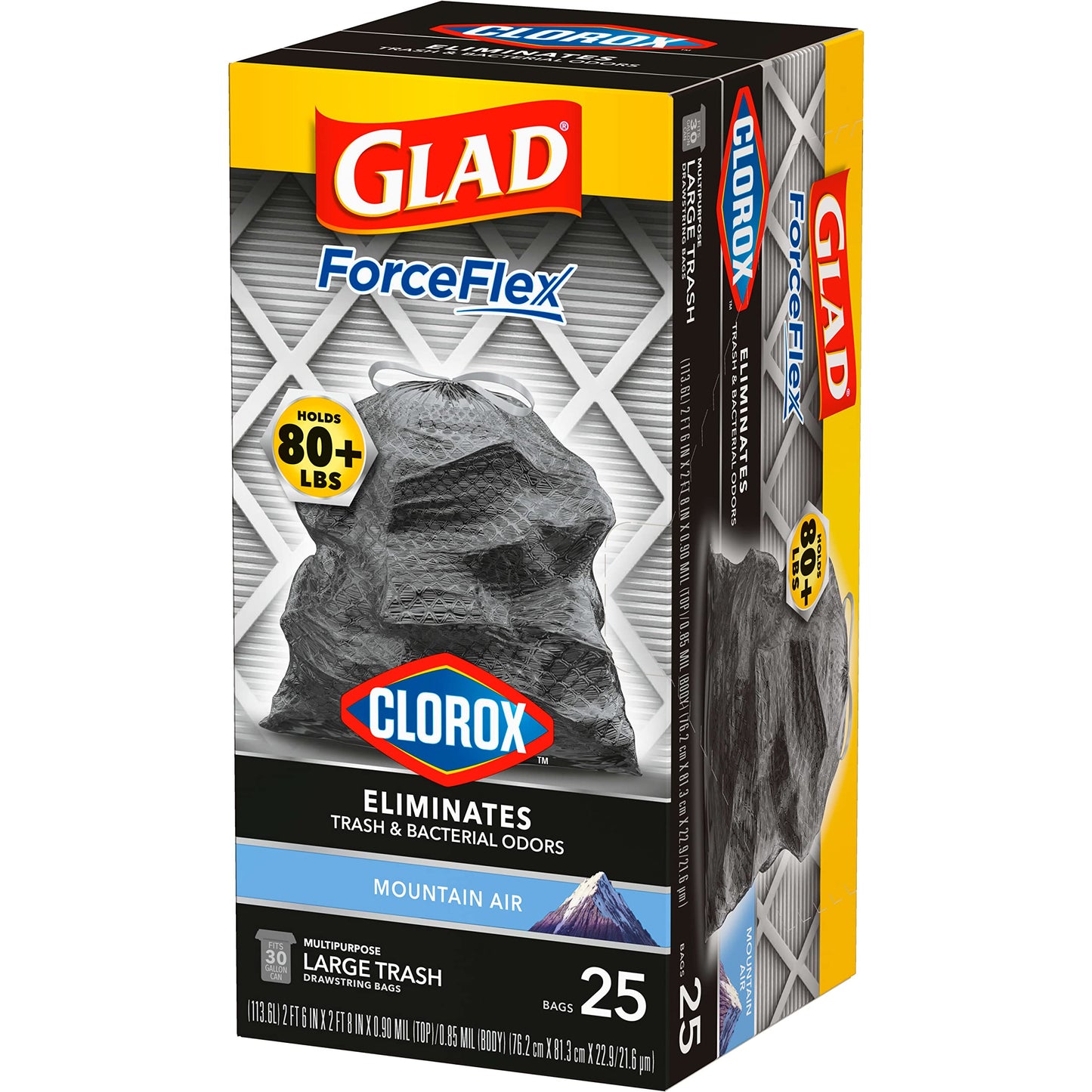 Glad Trash Bags, Large Drawstring Garbage Bags ForceFlex with Clorox, 30 Gallon, Mountain Air, 25 Count