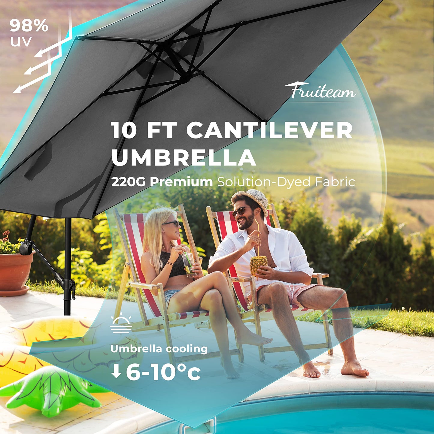 FRUITEAM 10FT Patio Offset Umbrellas Cantilever Umbrella, Large Hanging Market Umbrella Large with Crank, Waterproof UV Protection Outdoor Umbrella with Ventilation for Backyard/Garden