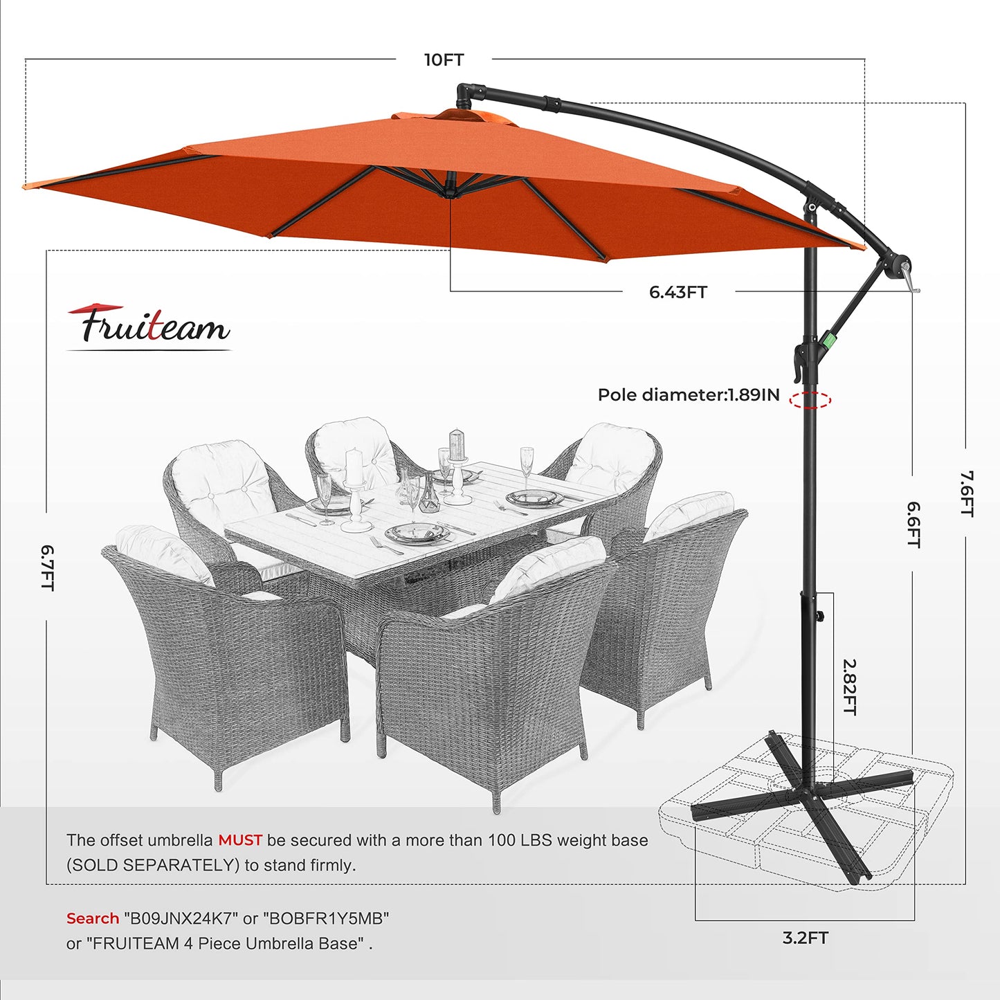 FRUITEAM 10Ft Offset Patio Umbrella, Cantilever Hanging Umbrellas, Outdoor Umbrella Large Market Umbrella with Crank & Cross Bar, Waterproof UV Protection UPF50+ for Garden/Pool/Backā¦