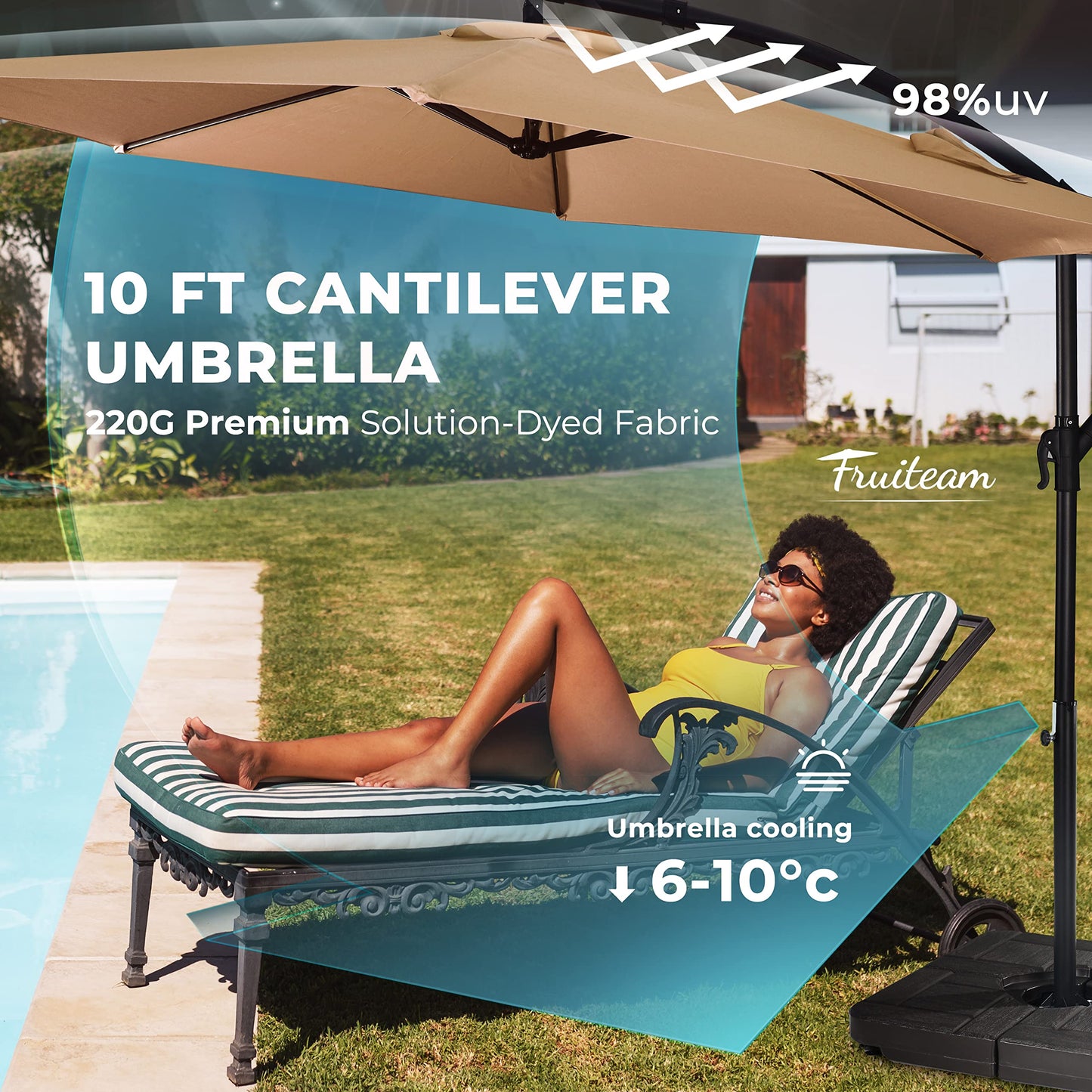FRUITEAM 10FT Patio Offset Umbrella Cantilever Umbrella, Large Hanging Market Umbrella with Crank & Cross Bar, Waterproof UV Protection Outdoor Umbrella with Ventilation for Backyard, Garden