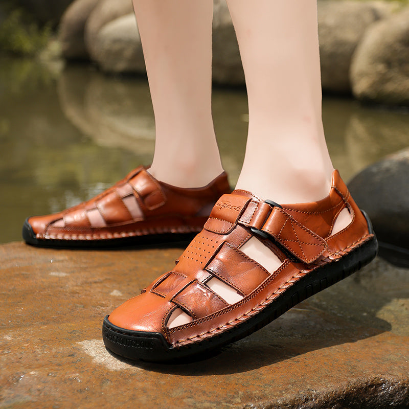 Men's Retro Brown Faux Leather Sandals - Adjustable Hook and Loop Fastener, Non-Slip Rubber Sole, Comfortable Open-Toe Slides for Outdoor Hiking, Trekking, Beach Wear | Spring/Summer/Autumn