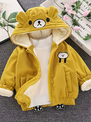 New Children's Warm Winter Thick Coat Cute Bear Shape Baby Corduroy Hooded Zip UpJacket