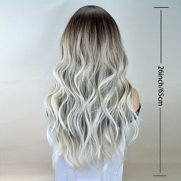 Long Ombre Brown Blonde Wavy Wigs With Curtain Bangs For Women Synthetic Curly Wig Heat Resistant Fiber Wigs For Daily Cosplay