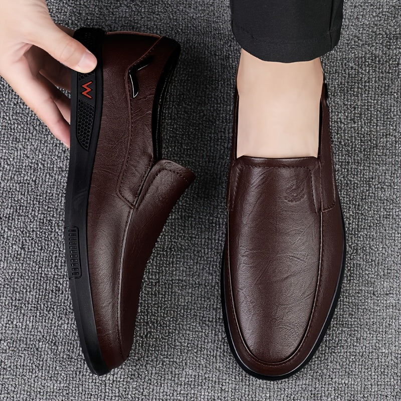 CLOHOO Men's Slip-On Casual Shoes - Genuine Leather Upper, Rubber Sole with PU Cushioned Insole, All-Season Comfort for Business & Vacation, Brown/Black, Casual Footwear | Classic Slipon | Rubber Sole Footwear