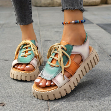 Stylish Summer Platform Sandals for Women - Comfy Cutout, Open-Toe Lace-Up, Casual Beach-Ready Footwear