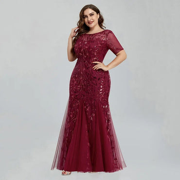 2023 Plus Size Sequin Mesh Mermaid Slim Evening Dress Beaded Leaves Pattern Formal Women Elegant Party Prom Gowns Short Sleeve