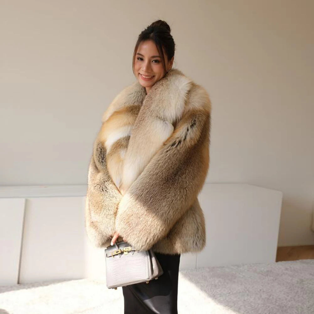 Denny&Dora Women's Fox Fur Coat Overcoat Full Pelt Thick Winter