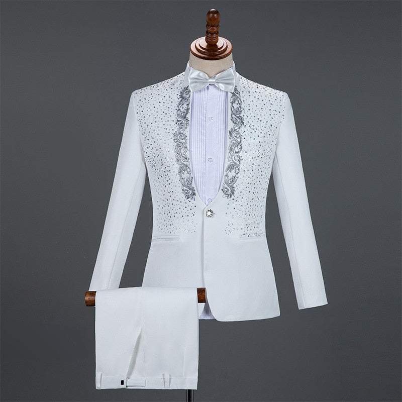 3x and 4x Diamond Royal Blue Men Suit Set Gold Embroidered Wedding Mens Slim Fit Tuxedo Mens Suits with Pants Prom Show Stage Costume