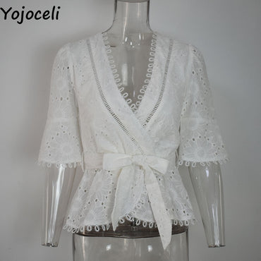 Yojoceli cotton embroidery lace blouses shirt women ruffle bow blusas female boho new blouses