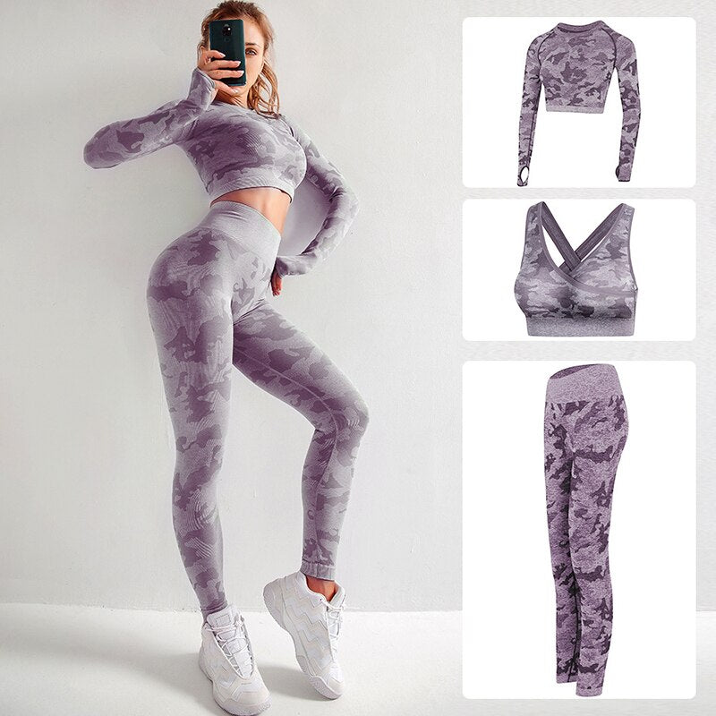 RUUHEE Women Yoga Set Camouflage Seamless Long Sleeve High Waist Leggings and Bra Workout Sportwears 2 Piece Gym Suit Female
