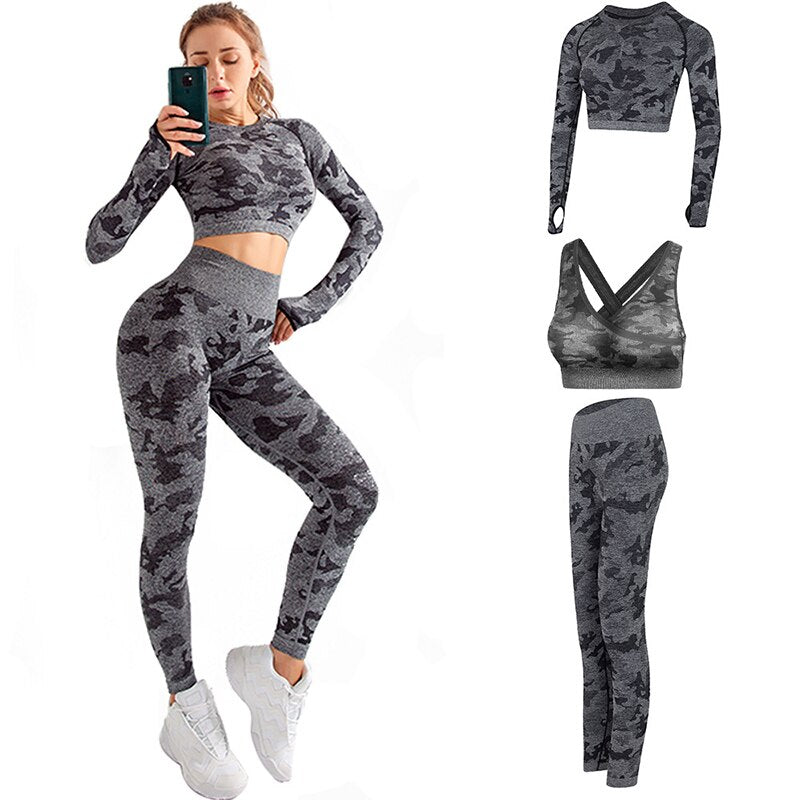 RUUHEE Women Yoga Set Camouflage Seamless Long Sleeve High Waist Leggings and Bra Workout Sportwears 2 Piece Gym Suit Female