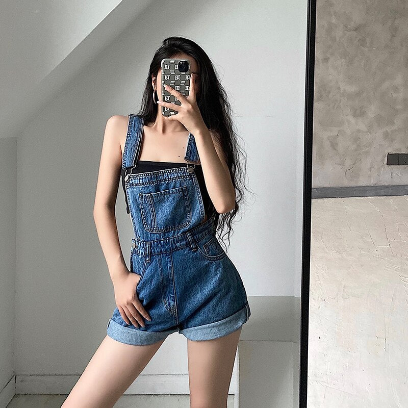 TVVOVVIN Korea Style High Waist Slim Flanging Wide Leg Denim Playsuits Shorts Hot Girl Female Rompers 732S