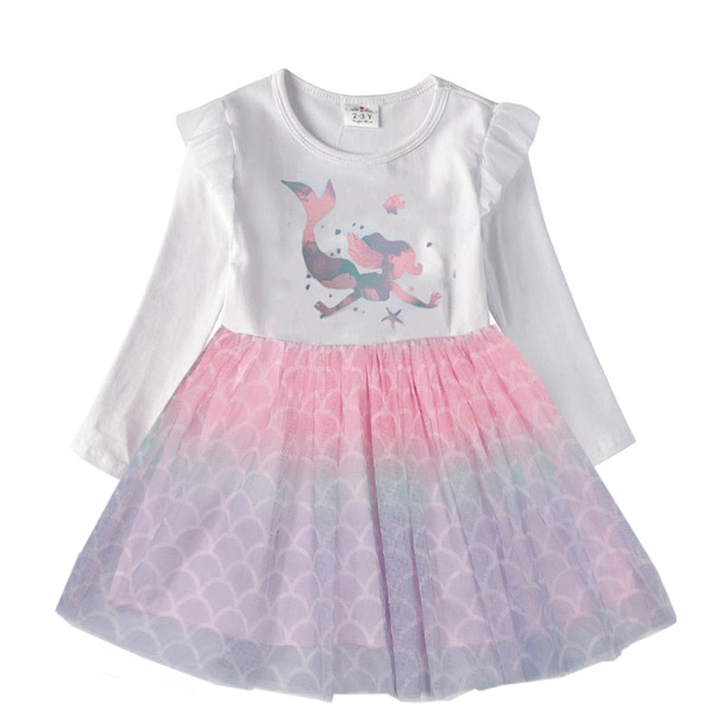 VIKITA Kids Girls Children Clothes Long Sleeve Cartoon Mermaid Princess Dress Autumn Winter Girls Princess Dress Kids Clothing