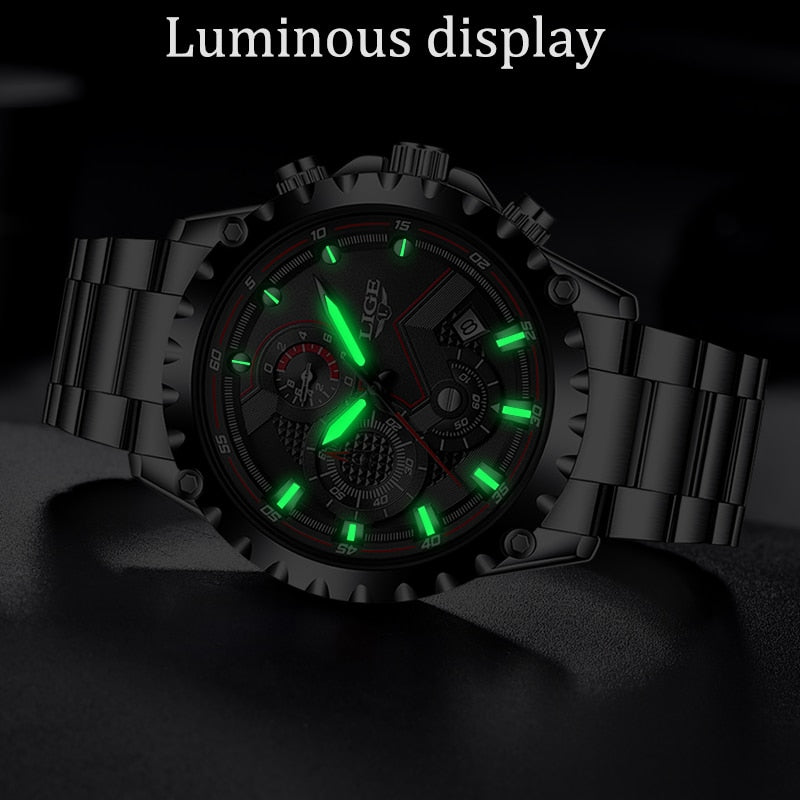 LIGE Fashion Mens Watches Top Luxury Brand Silver Stainless Steel 30m Waterproof Quartz