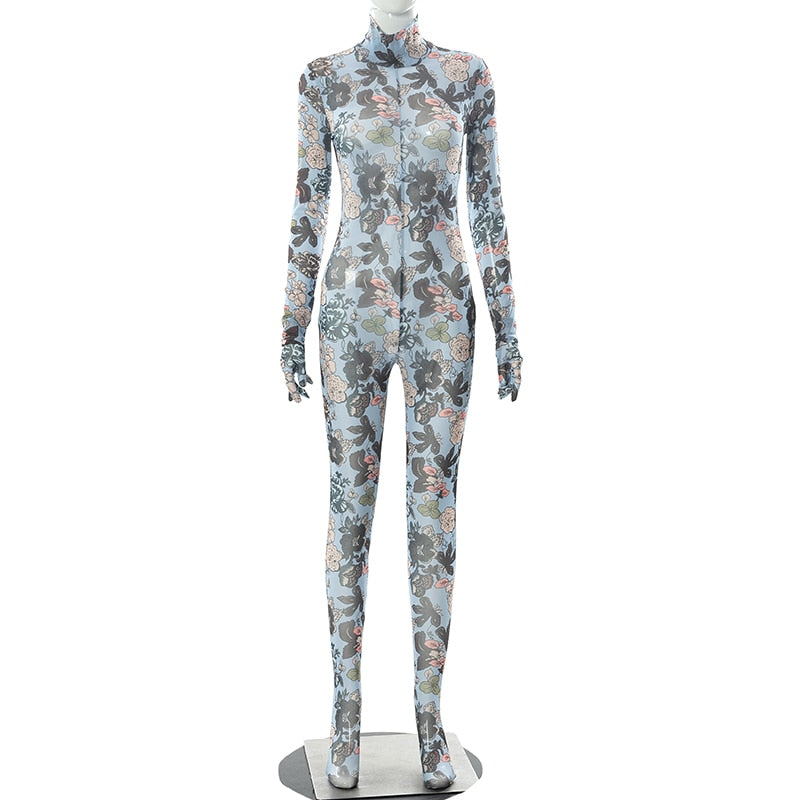 Mesh Turtleneck Jumpsuit With Floral Pattern Gloves See Through Bodycon Sheer Tight One Piece Catsuit Outfits Baddie
