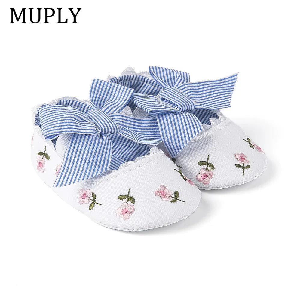 2023 Floral Embroidery Baby Shoes For Newborn Baby Girl Striped Bow First Walker Soft Soles Cute Toddler Anti-Slip Princess Shoe
