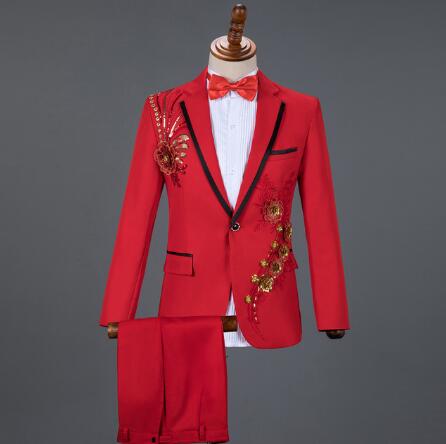 3x and 4x Diamond Royal Blue Men Suit Set Gold Embroidered Wedding Mens Slim Fit Tuxedo Mens Suits with Pants Prom Show Stage Costume