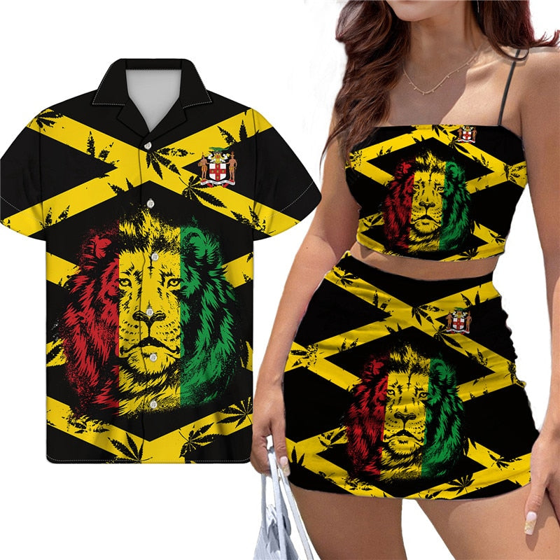 Jamaica Flag Print Women Sexy Halter Top Mini Dress Couple Clothes For Club Party Loose Men Shirt Match Girls Bodycon Skirt Set