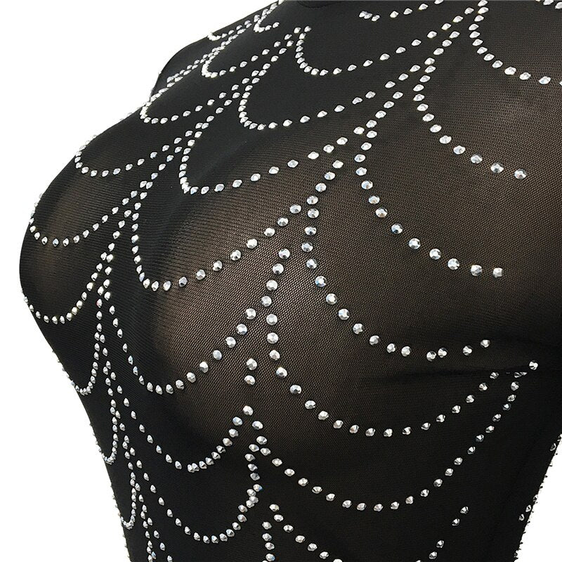 Sparkly Crystal Rhinestone Bodycon Maxi Dress Women Wedding Evening Long Sleeve Mesh See Through Night Party Club Birthday Dress