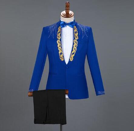 White Embroidered Diamond Suit Men Wedding Groom Tuxedo Suits Mens Stand Collar Prom Stage Costume Mens Suits with Pants Ternos