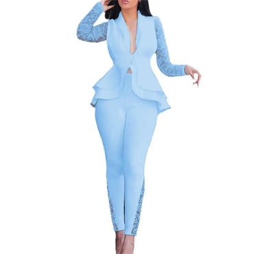 Two Piece Set Pants Suit Women Sexy Solid Color Lace Slim Deep V Neck Ruffle Lace Tight Waist Long Sleeve top Lady Suit Autumn