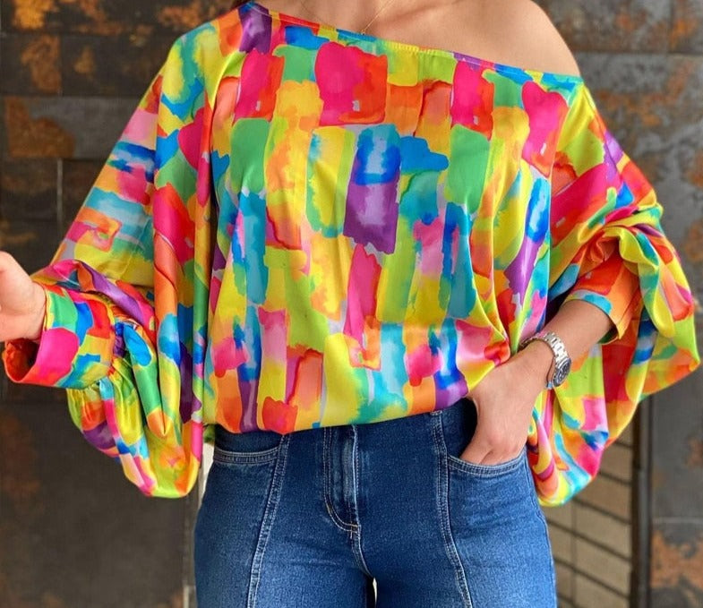 Women Shirt Lantern Sleeve Colorblock Top Slash Neck Casual Blouse Top