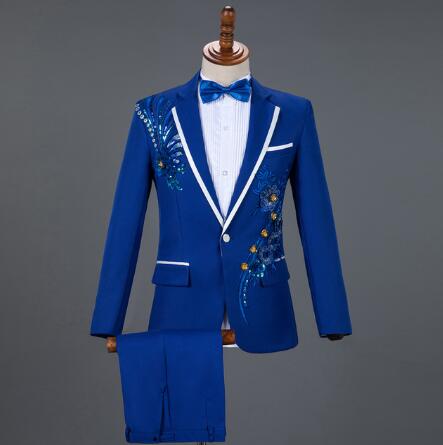 3x and 4x Diamond Royal Blue Men Suit Set Gold Embroidered Wedding Mens Slim Fit Tuxedo Mens Suits with Pants Prom Show Stage Costume