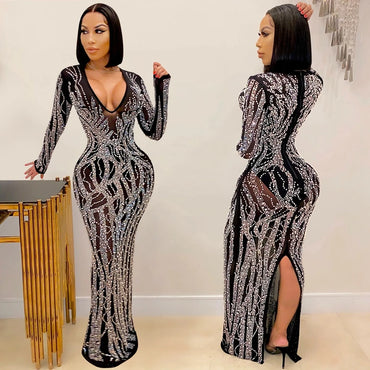 2021 Women Long Sleeve Dress Sexy Deep V Neck Hot Rhinestone Mesh See Through Midi Maxi Dress Long Hip Dress For Evening Party