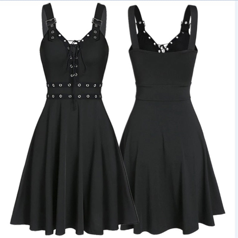 Sexy Women's Gothic Punk Sleeveless Strap Sling Dress Elegant Strap Backless