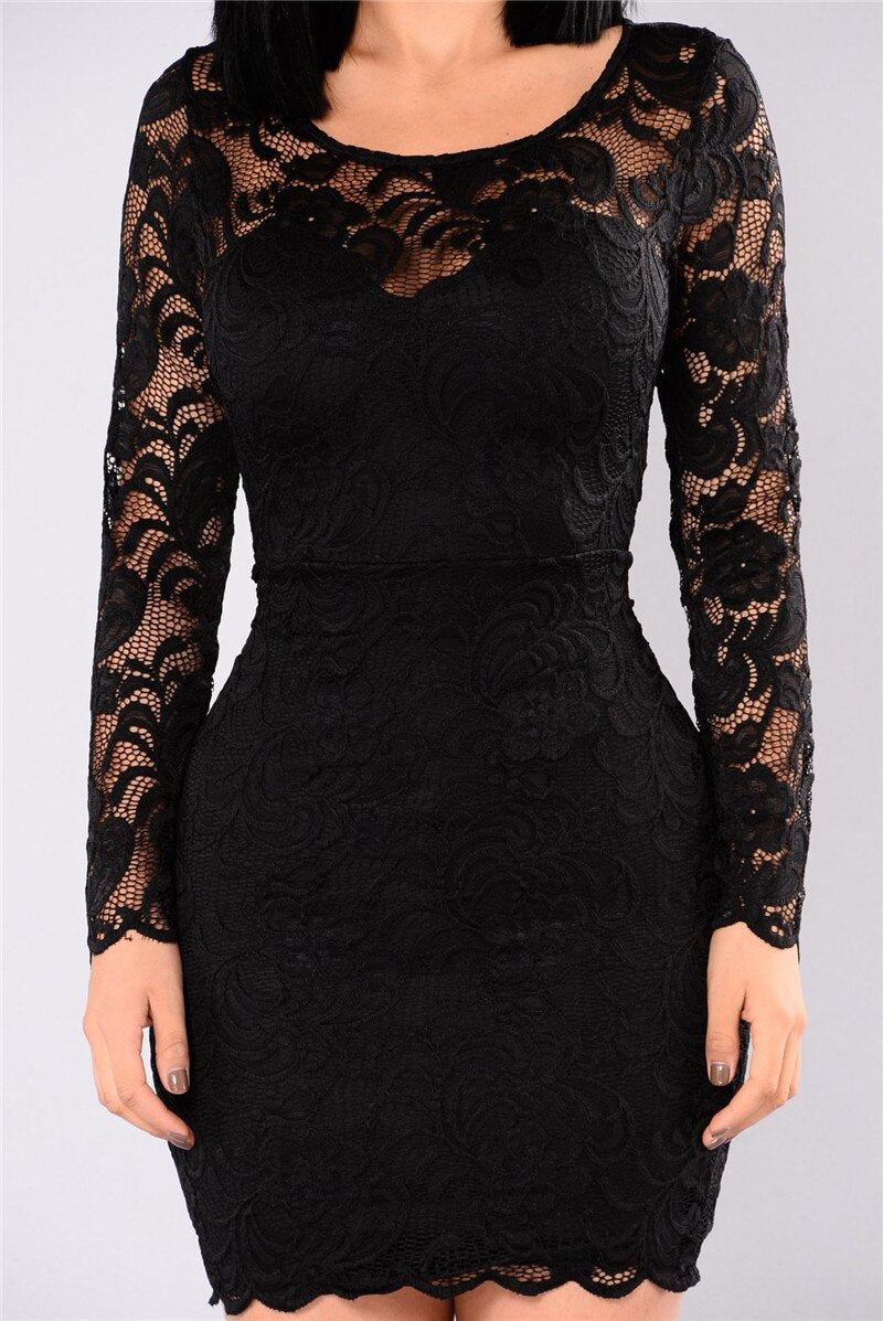 Sexy Autumn Black Long Sleeve Lace Dress Women Hollow Out O-Neck Club Party Dress