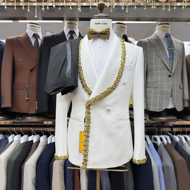 Handmade Single Breasted Men's Wedding Suit Luxury 2-Piece Blazer Pants Set Rhinestones Formal Wear for Groom Middle East Europe