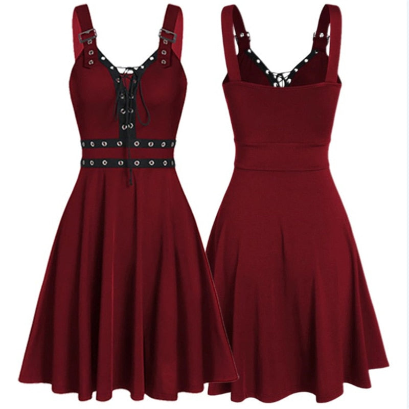 Sexy Women's Gothic Punk Sleeveless Strap Sling Dress Elegant Strap Backless