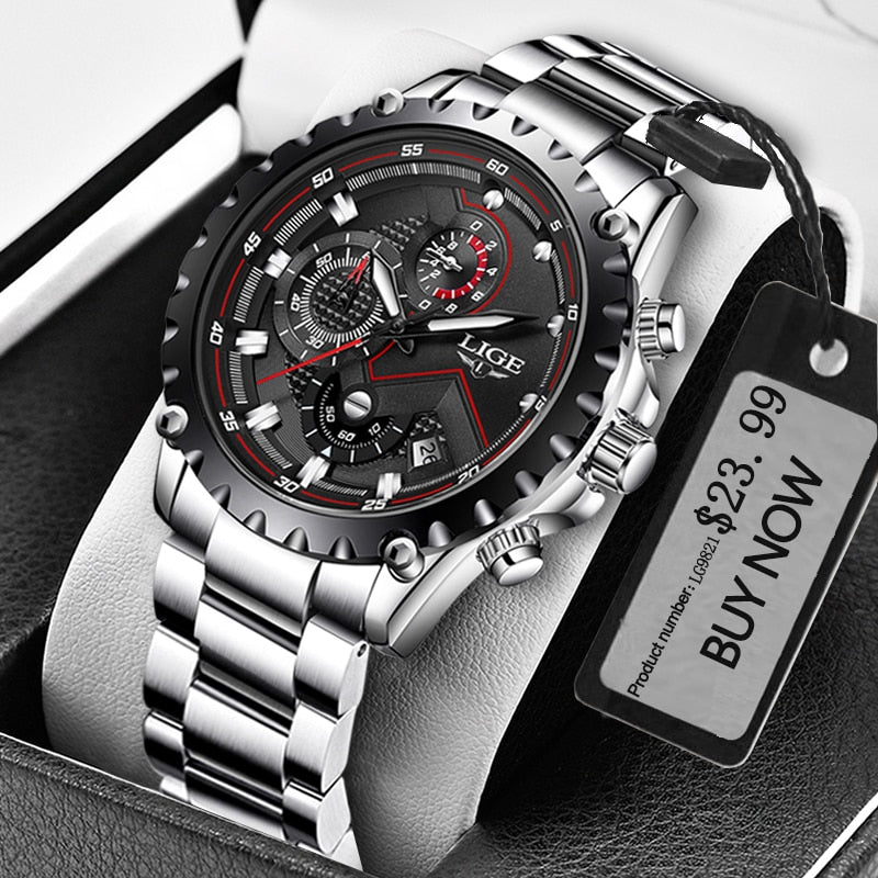 LIGE Fashion Mens Watches Top Luxury Brand Silver Stainless Steel 30m Waterproof Quartz