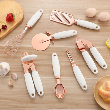 7PC Rose Gold Kitchen Gadget Set Can Opener Potato Cooking High-End Garlic Press Pizza Cutter Kitchenware Tools Accessories Sets