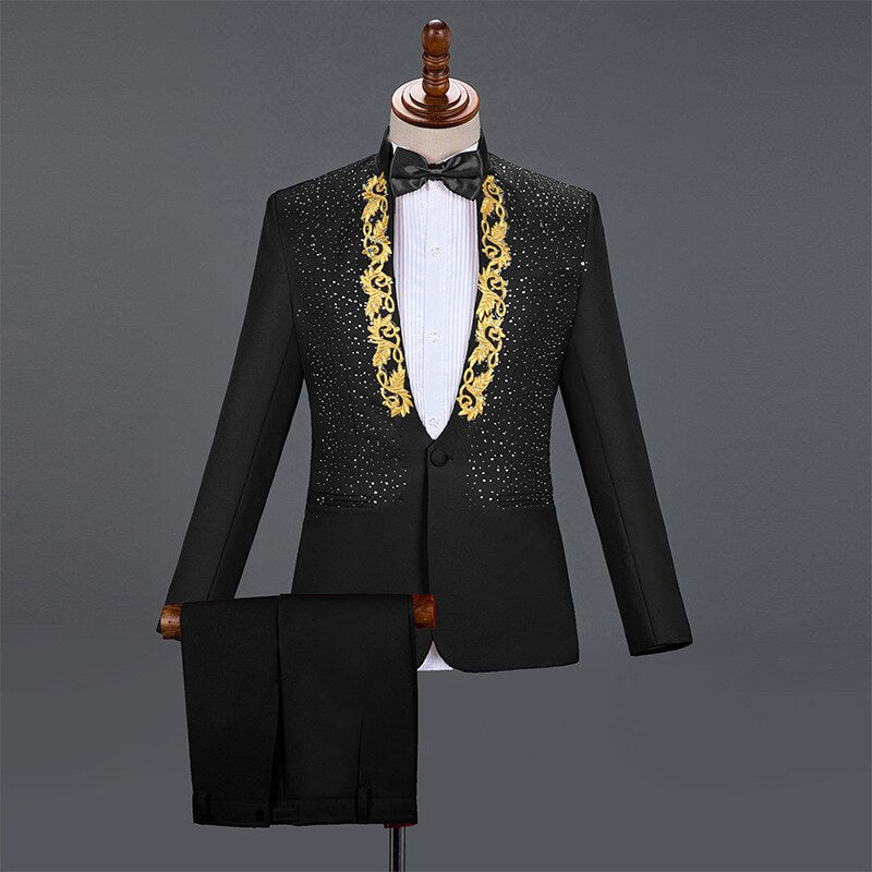 3x and 4x Diamond Royal Blue Men Suit Set Gold Embroidered Wedding Mens Slim Fit Tuxedo Mens Suits with Pants Prom Show Stage Costume