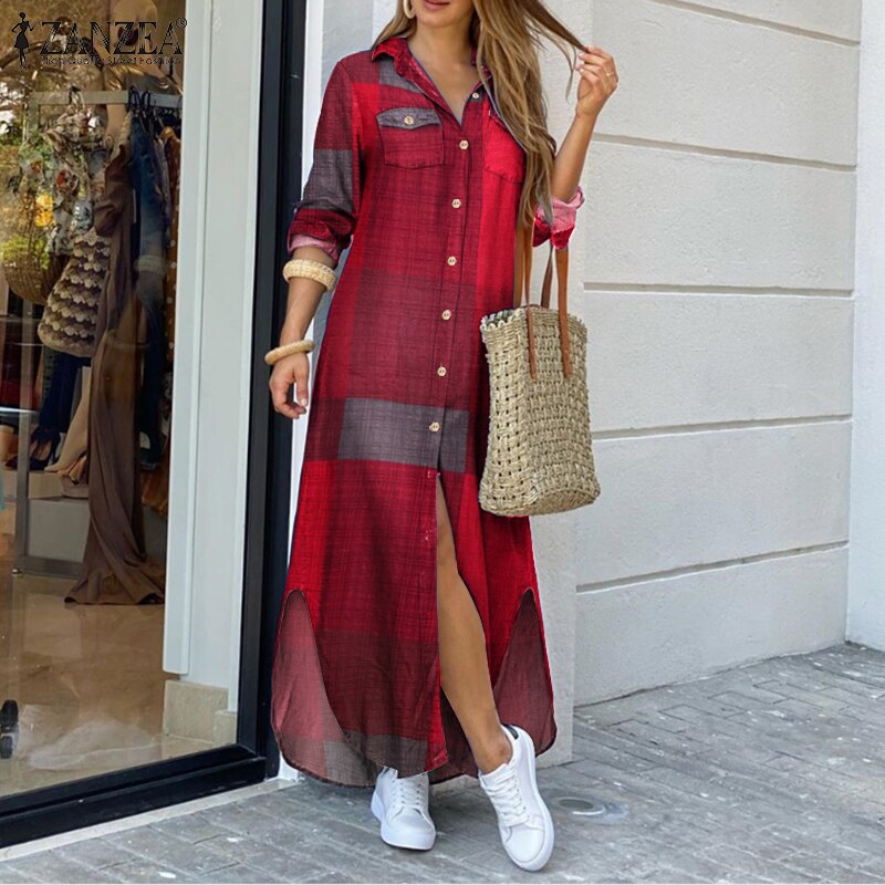 ZANZEA Women's Dress Vintage Shirt Vestido De Mujer Casual Solid Ropa De Mujer 2023 Female Lapel Neck Party Dress
