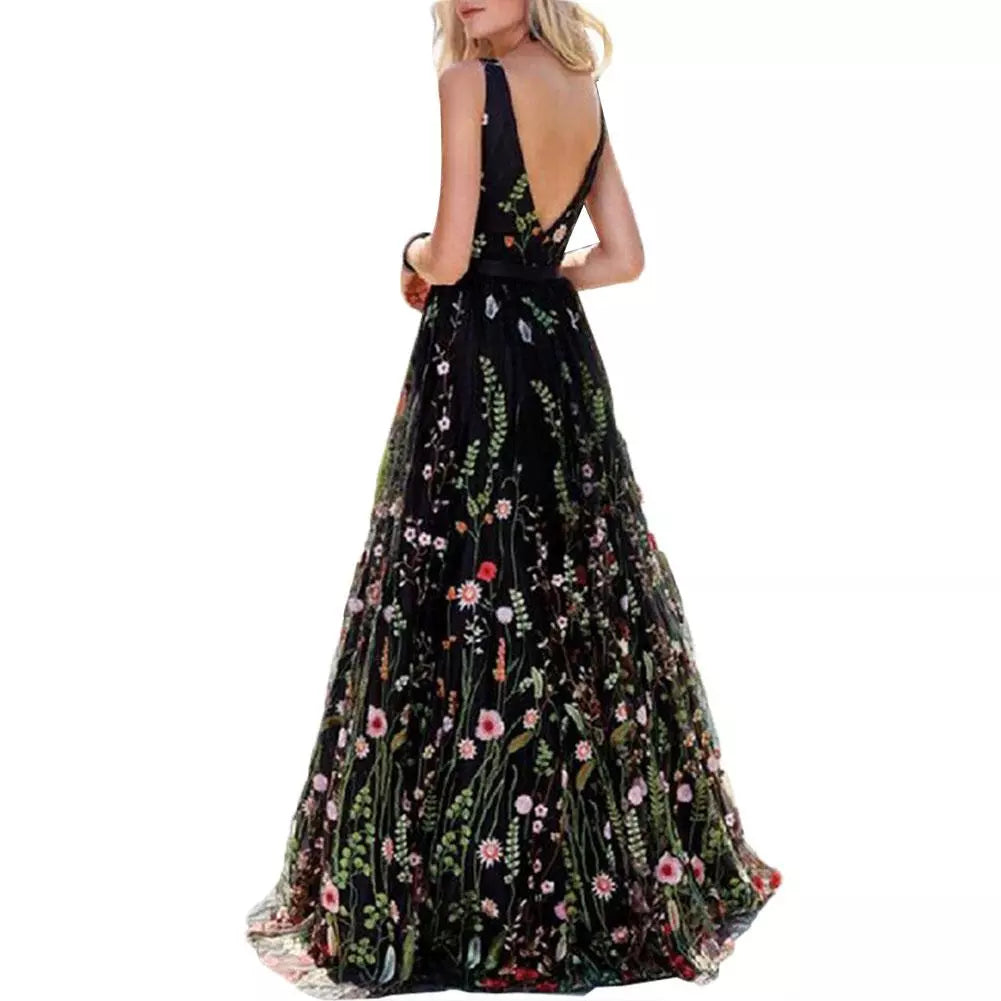 Hot Boho Elegant Dresses Women Sexy Sleeveless Backless Deep-V Embroid –  Mega Mart Center