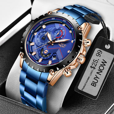LIGE Fashion Mens Watches Top Luxury Brand Silver Stainless Steel 30m Waterproof Quartz