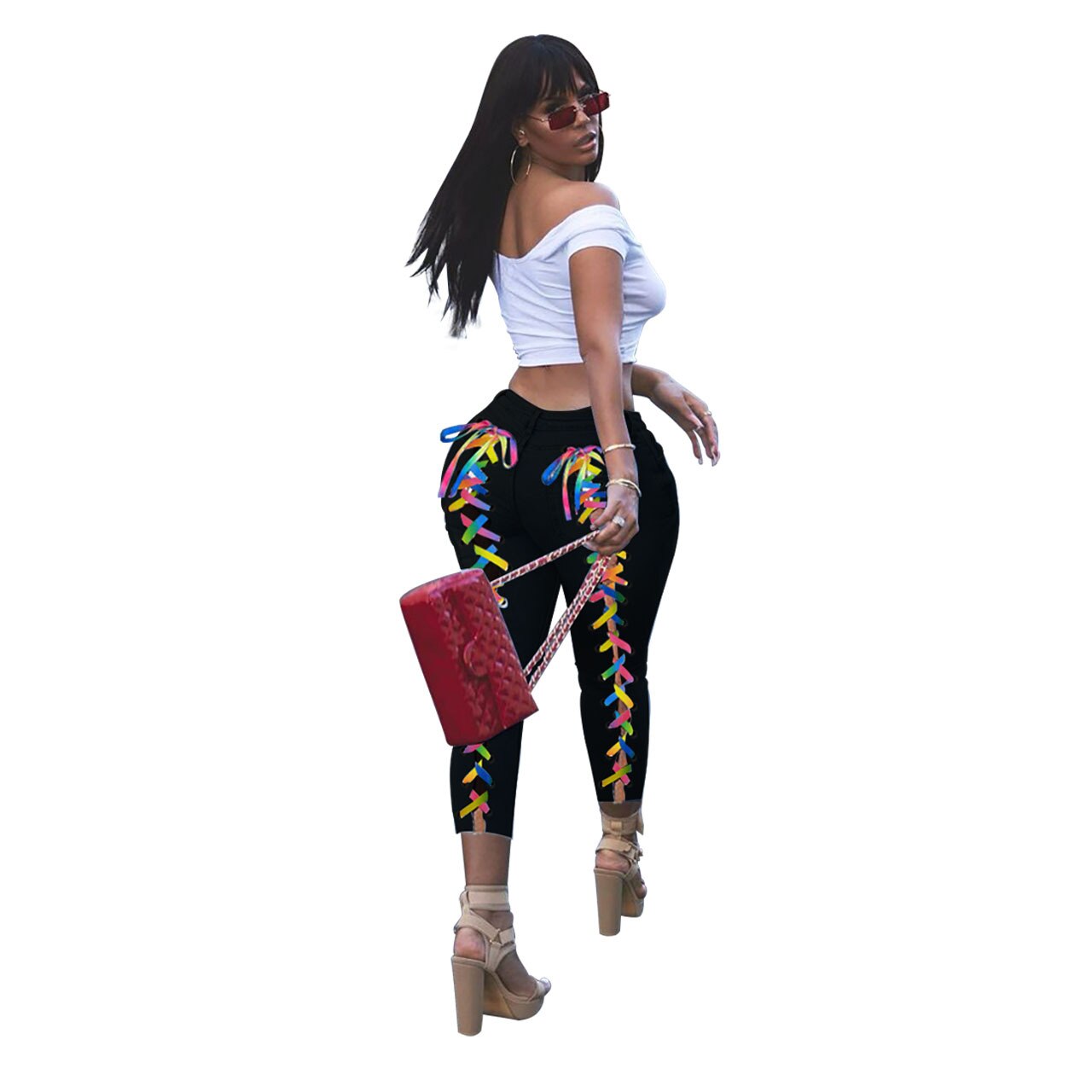 Women Jeans Back Criss-cross Lace Up Sexy Hole Sheath Elastic Mid Waist Long Pencil Denim Ankle-Length Pants Skinny Jeans