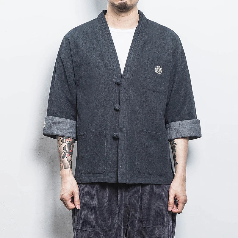 Mens Denim Shirts Summer Men Casual Cardigan Male Chinese Style Shirt Three Quarter Streetwear Open Stitch Shirts Men Dress