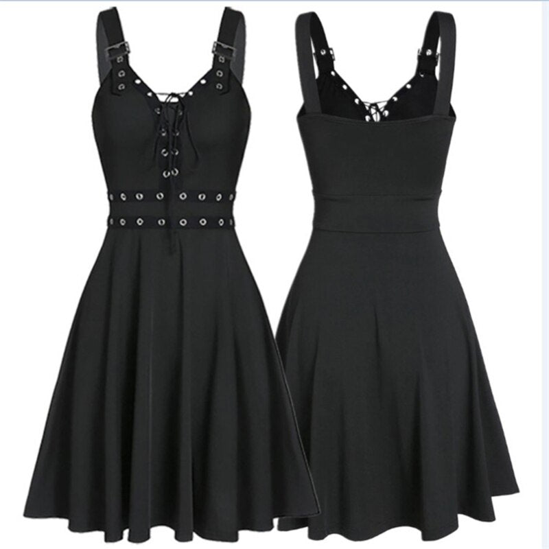 Sexy Women's Gothic Punk Sleeveless Strap Sling Dress Elegant Strap Backless