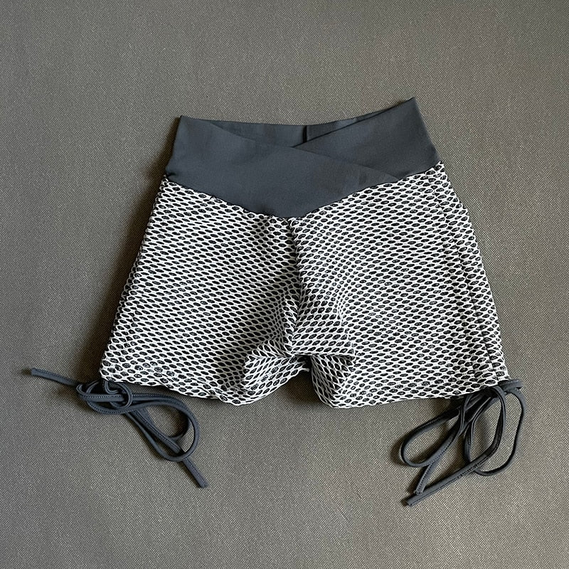High Waist Seamless Yoga Shorts Women Fitness Push Up Tight Sports Leggings Honeycomb Pattern Drawstring Running Workout Shorts