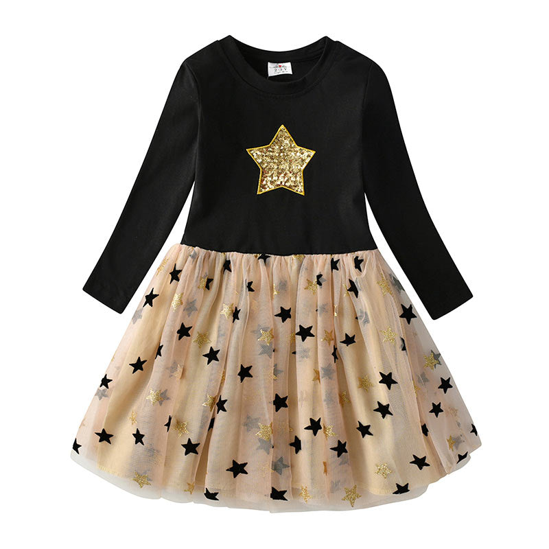 VIKITA Kids Heart Dresses Children Autumn Long Sleeve Vestidos Kids Casual Dress Toddler Mesh Tulle Dresses Children Clothing