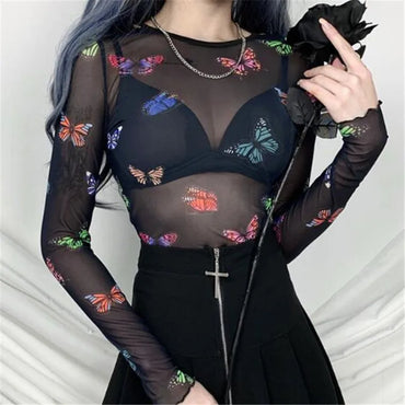 2022 New Fashion Women Fitness T-shirts Summer Print Mesh Sheer Sexy Tee Shirts Long Sleeve See Through Club Tops