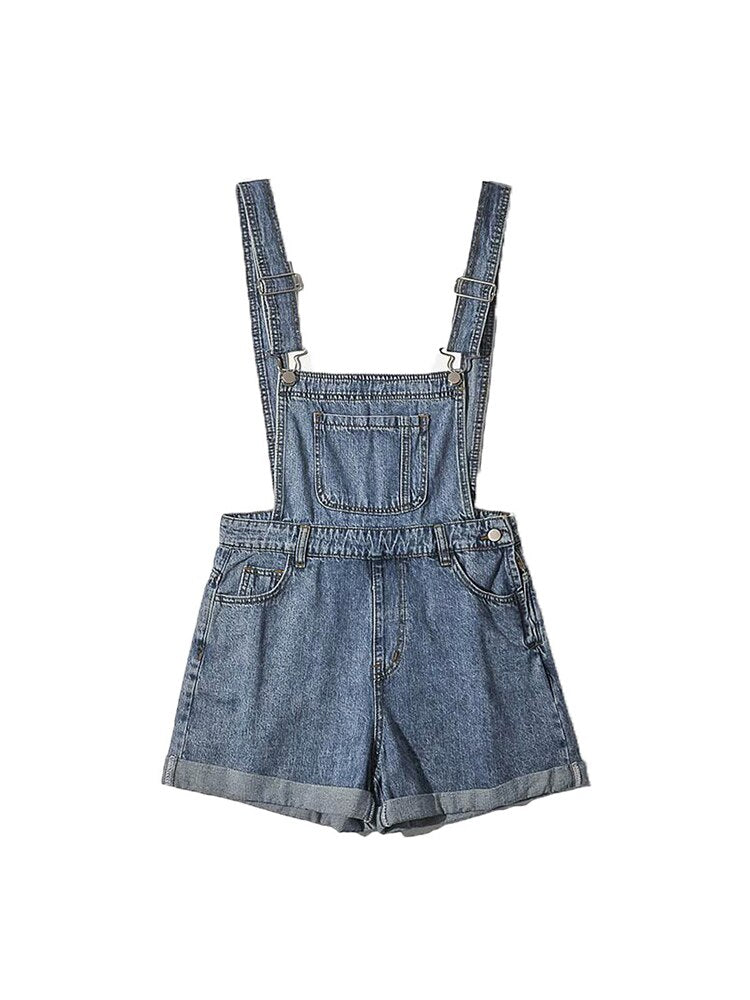 Summer Denim Bib Overalls Shorts Women Casual Adjustable Strap Cuffed Hem Jean Overall Shorts