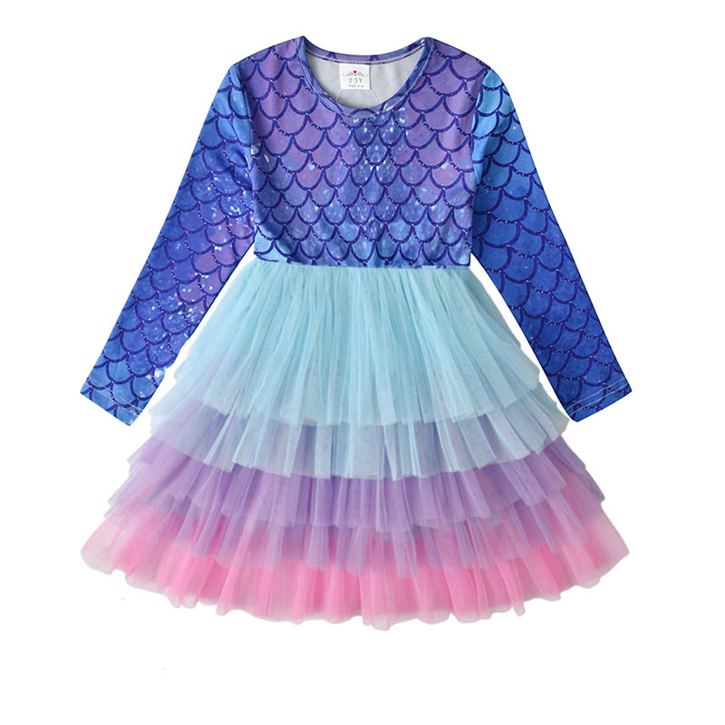 VIKITA Kids Girls Children Clothes Long Sleeve Cartoon Mermaid Princess Dress Autumn Winter Girls Princess Dress Kids Clothing