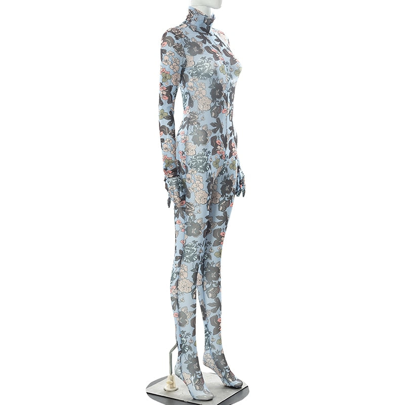 Mesh Turtleneck Jumpsuit With Floral Pattern Gloves See Through Bodycon Sheer Tight One Piece Catsuit Outfits Baddie