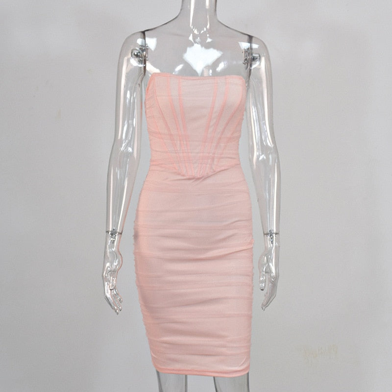 Cryptographic Elegant Corset Bustier Bone Ruched Mesh Midi Dresses Party Night Club Sexy Backless Strapless Summer Dress Bodycon