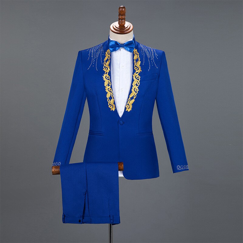 3x and 4x Diamond Royal Blue Men Suit Set Gold Embroidered Wedding Mens Slim Fit Tuxedo Mens Suits with Pants Prom Show Stage Costume
