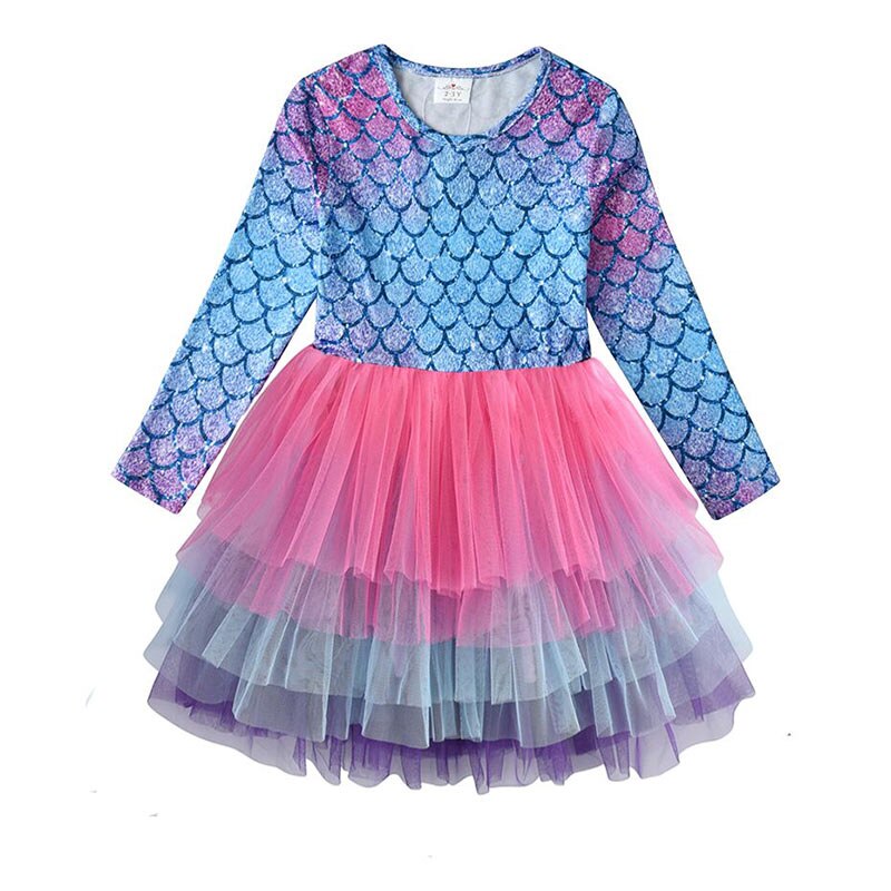 VIKITA Kids Girls Children Clothes Long Sleeve Cartoon Mermaid Princess Dress Autumn Winter Girls Princess Dress Kids Clothing